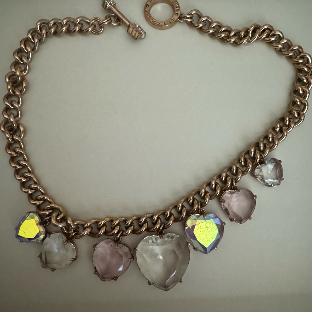 Juicy Couture Gold Tone Crystal Hearts Charms Pendant & Curb Chain
